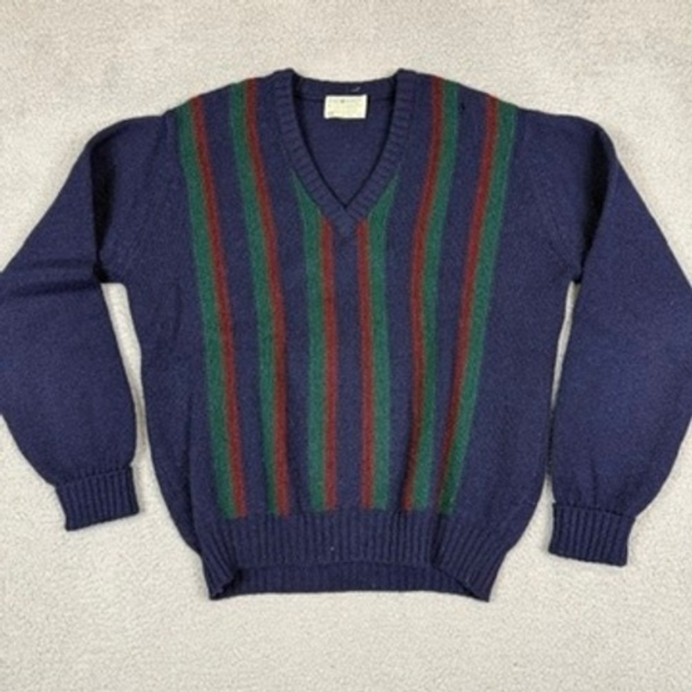 THE MOORS Lord Jeff Pure Shetland Wool V Neck Striped Sweater Made in Ireland  L